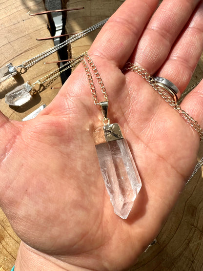 Clear Rock Quartz Rough Point Electroplated Pendant Necklace
