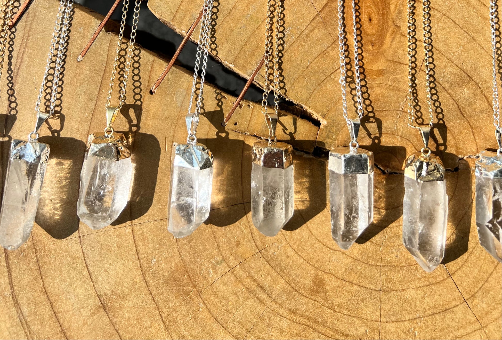 Clear Rock Quartz Rough Point Electroplated Pendant Necklace