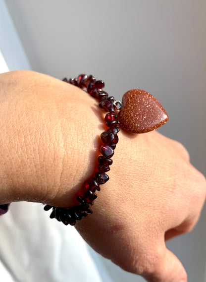 Garnet & Goldstone Heart Chip Crystal Healing Bracelets - Crystal Boutique.co.uk