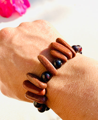 Goldstone Irregular & Garnet Handmade Crystal Healing Beaded Stretch Bracelet - Crystal Boutique.co.uk 
