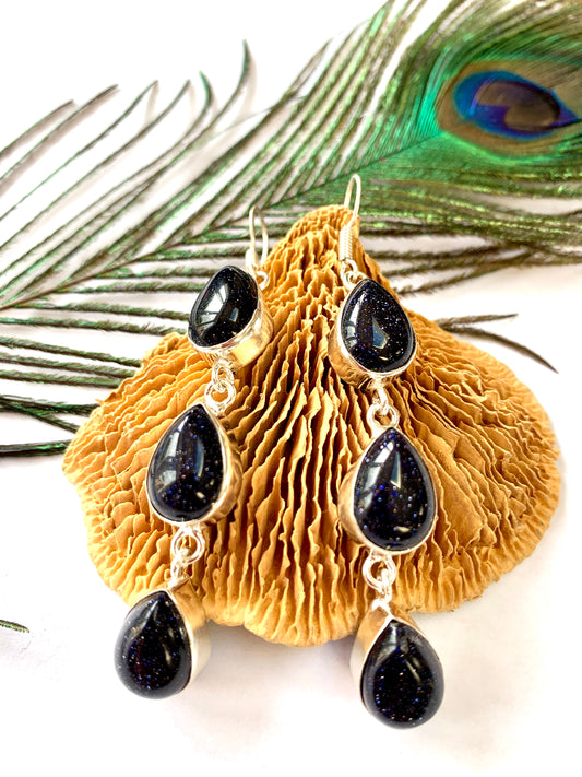 Blue Goldstone 3 Stone Gemstone Dangle Earrings - Crystalboutique.co.uk