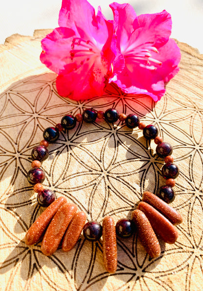 Goldstone Irregular & Garnet Handmade Crystal Healing Beaded Stretch Bracelet - Crystal Boutique.co.uk 
