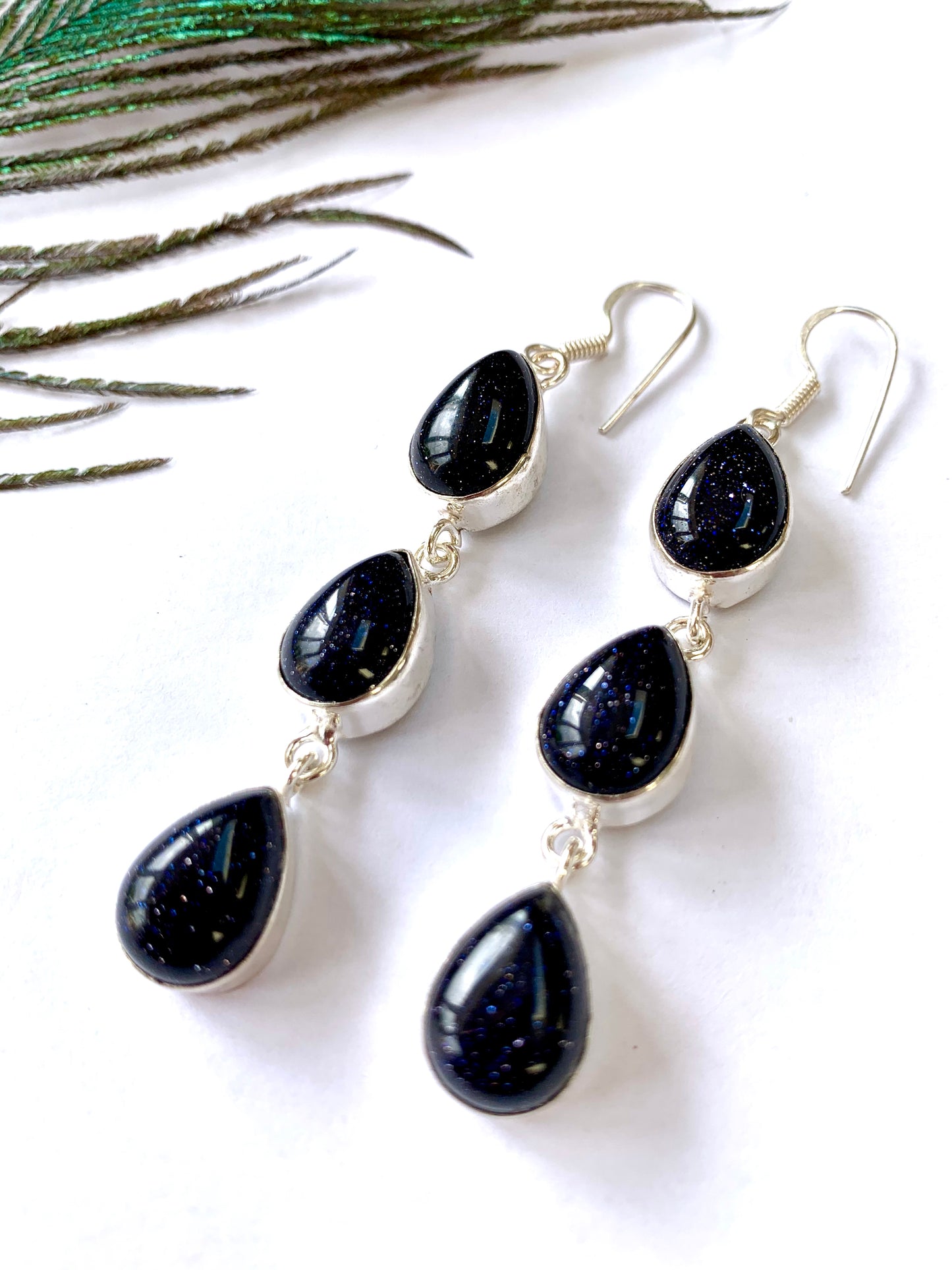 Blue Goldstone 3 Stone Gemstone Dangle Earrings - Crystalboutique.co.uk