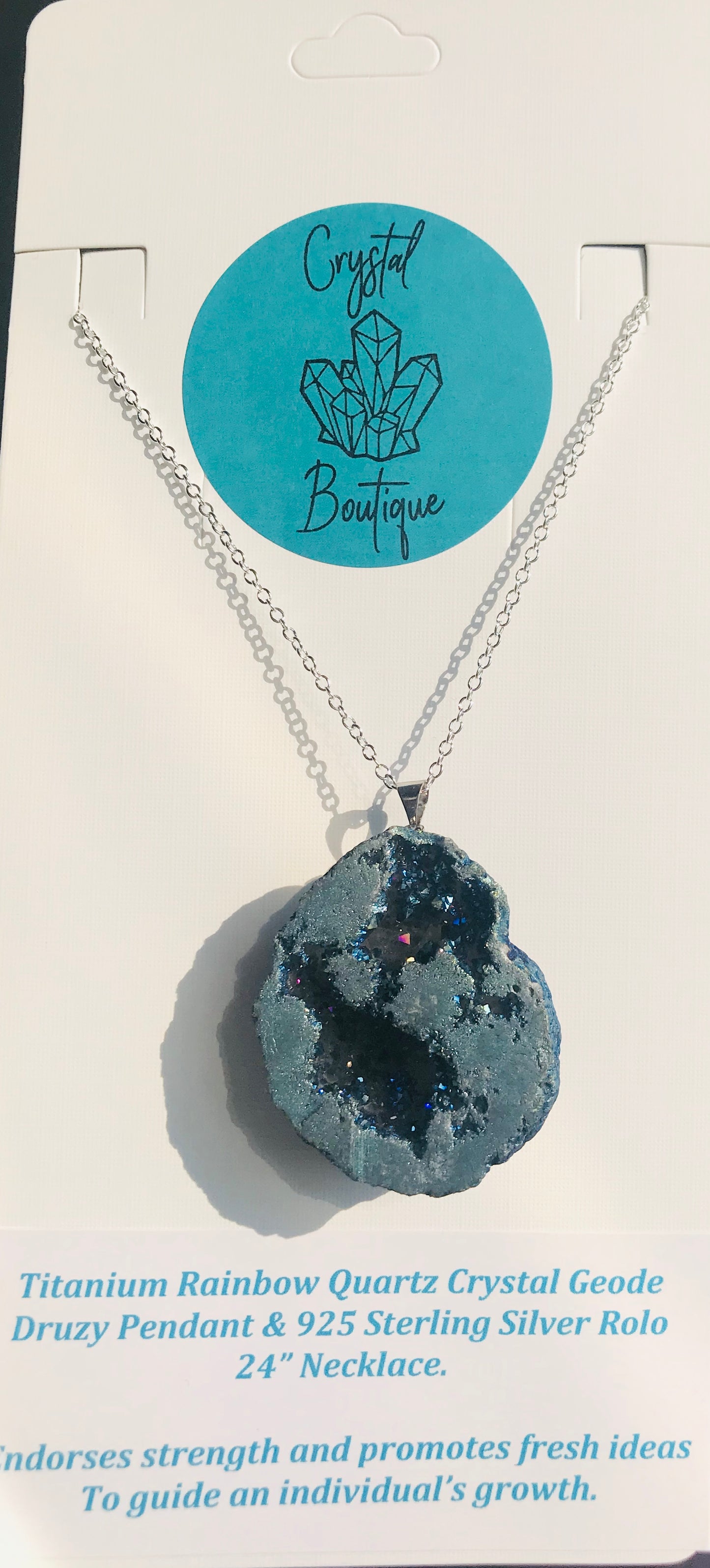 Druzy Crystal Healing Aura Geode Pendant & 925 Silver Rolo Necklace - Rainbow - Crystal Boutique.co.uk 