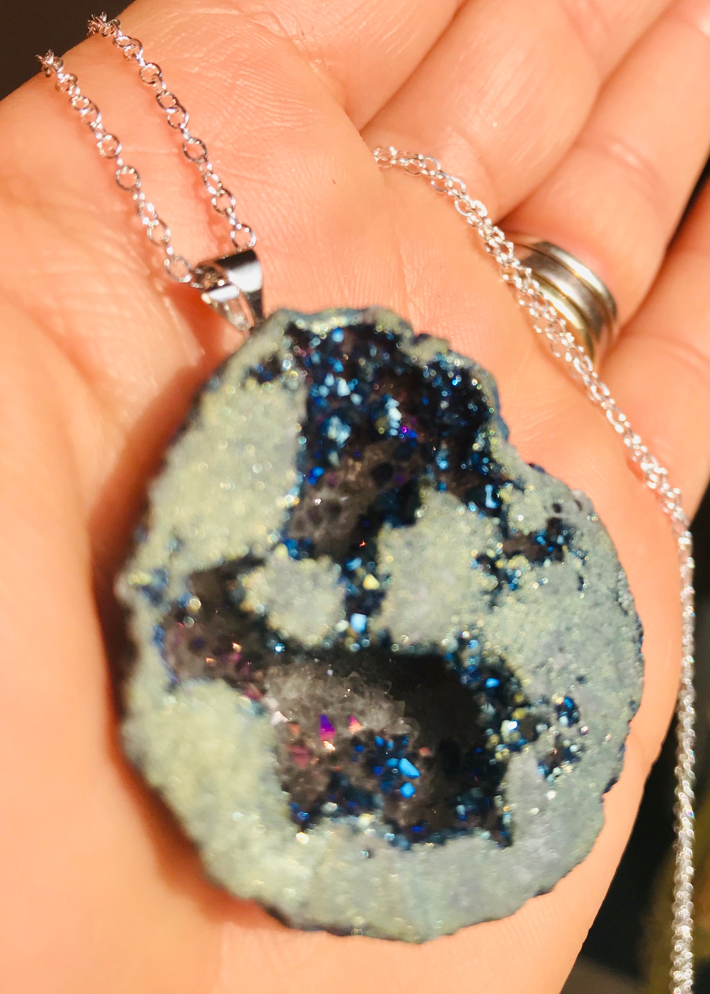 Druzy Crystal Healing Aura Geode Pendant & 925 Silver Rolo Necklace - Rainbow - Crystal Boutique.co.uk 