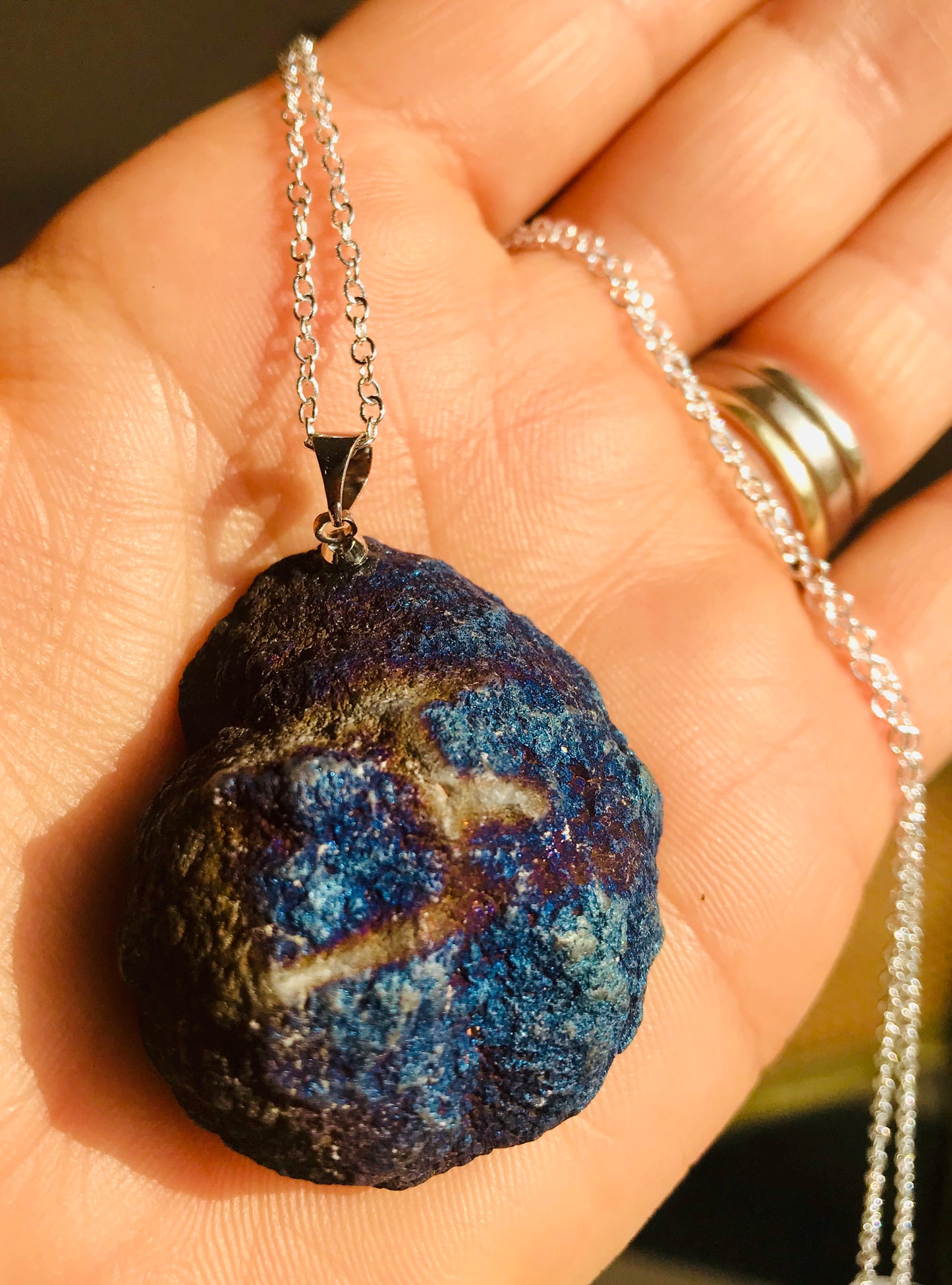 Druzy Crystal Healing Aura Geode Pendant & 925 Silver Rolo Necklace - Rainbow - Crystal Boutique.co.uk