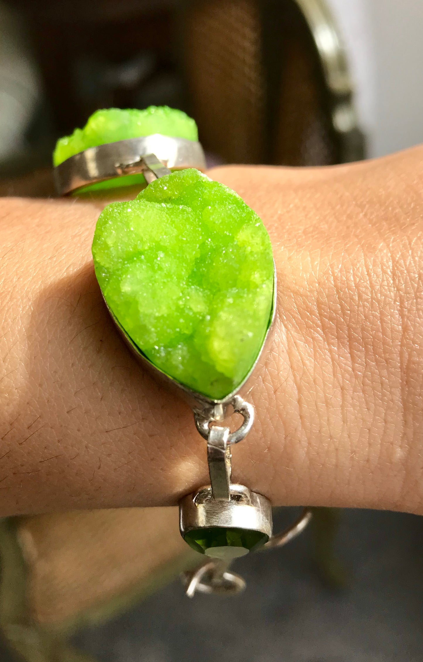 Peridot Crystal Healing T-Bar Bracelet Bright Green - Stress Busting - Crystal Boutique.co.uk 