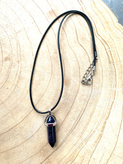 Crystal Point Quartz Gemstone Pendant Black Leather Corded Necklace