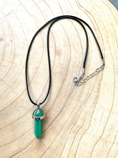 Crystal Point Quartz Gemstone Pendant Black Leather Corded Necklace