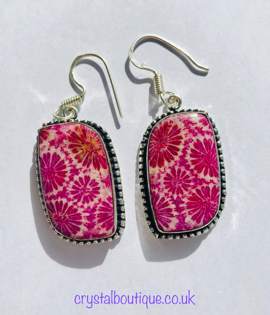 Agate Fossil Coral Crystal Earrings - Pink - Crystal Boutique.co.uk 