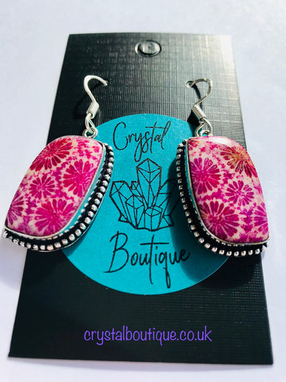 Agate Fossil Coral Crystal Earrings - Pink - Crystal Boutique.co.uk 