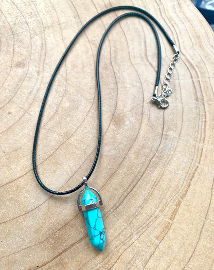 Crystal Point Quartz Gemstone Pendant Black Leather Corded Necklace