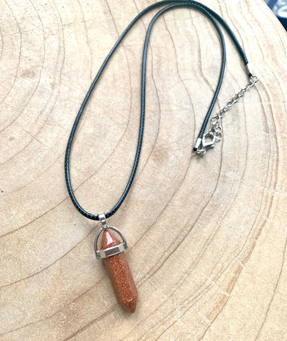 Crystal Point Quartz Gemstone Pendant Black Leather Corded Necklace