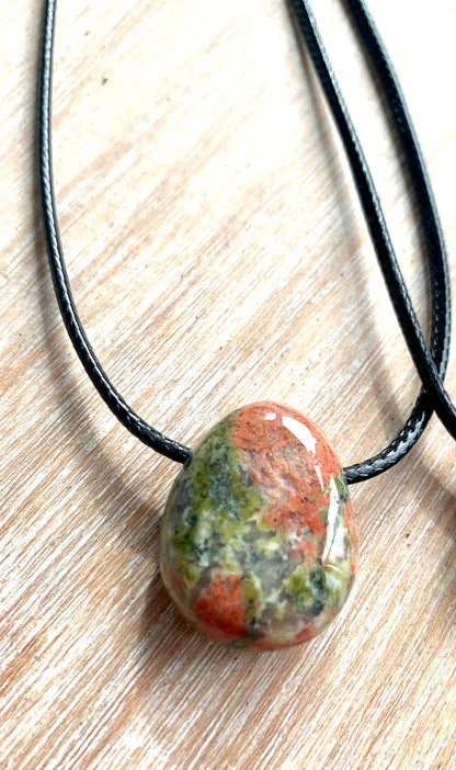 Unakite Tumblestone Crystal Gemstone Corded Pendant Necklace Unisex