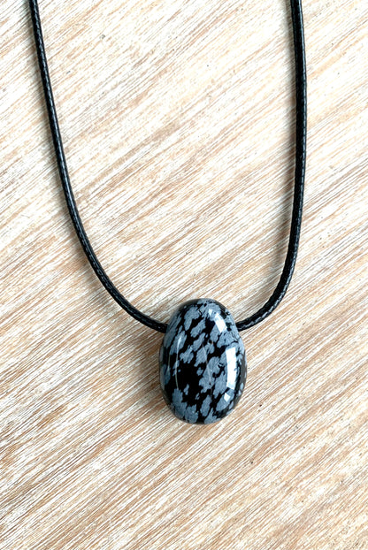 Black Obsidian Tumblestone Crystal Gemstone Corded Pendant Necklace Unisex