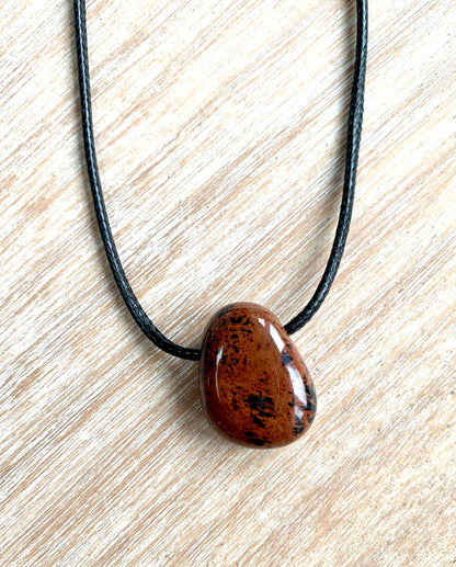 Mahogany Obsidian Tumblestone Crystal Gemstone Corded Pendant Necklace Unisex