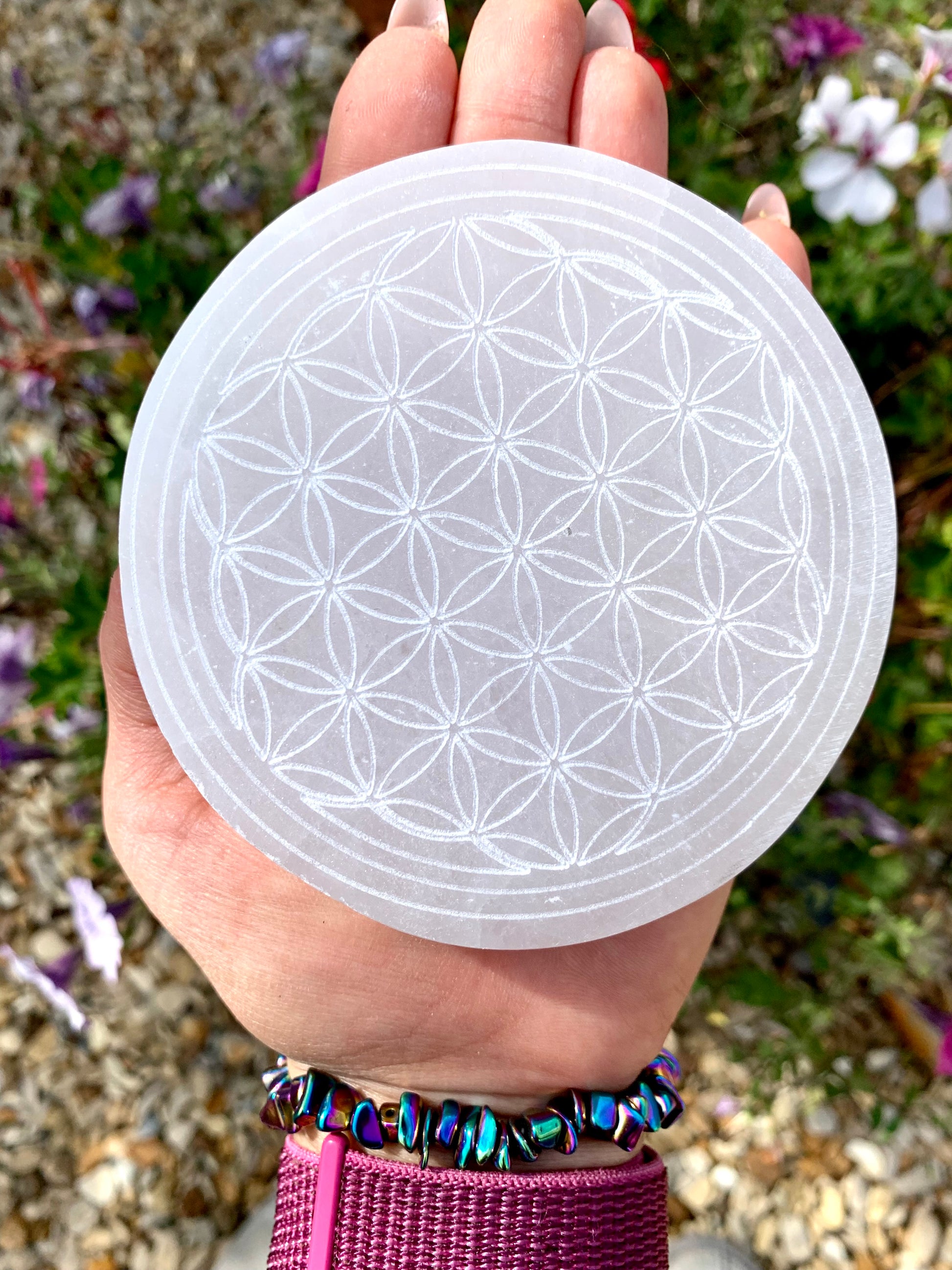 Selenite Satin Spar Etched Charging Plate Round 