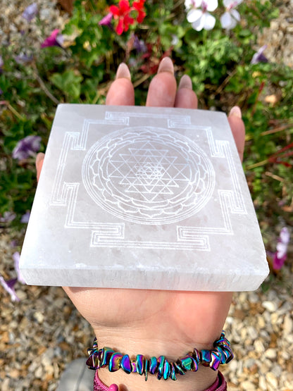 Selenite Satin Spar Etched Charging Plate Square