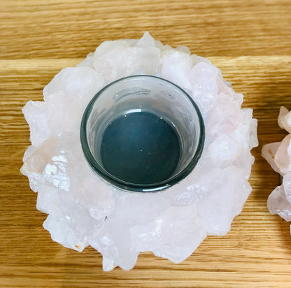 Rose Quartz Cluster Point Lotus Flower Natural Tea-Light Candle Holder - Crystal Boutique.co.uk