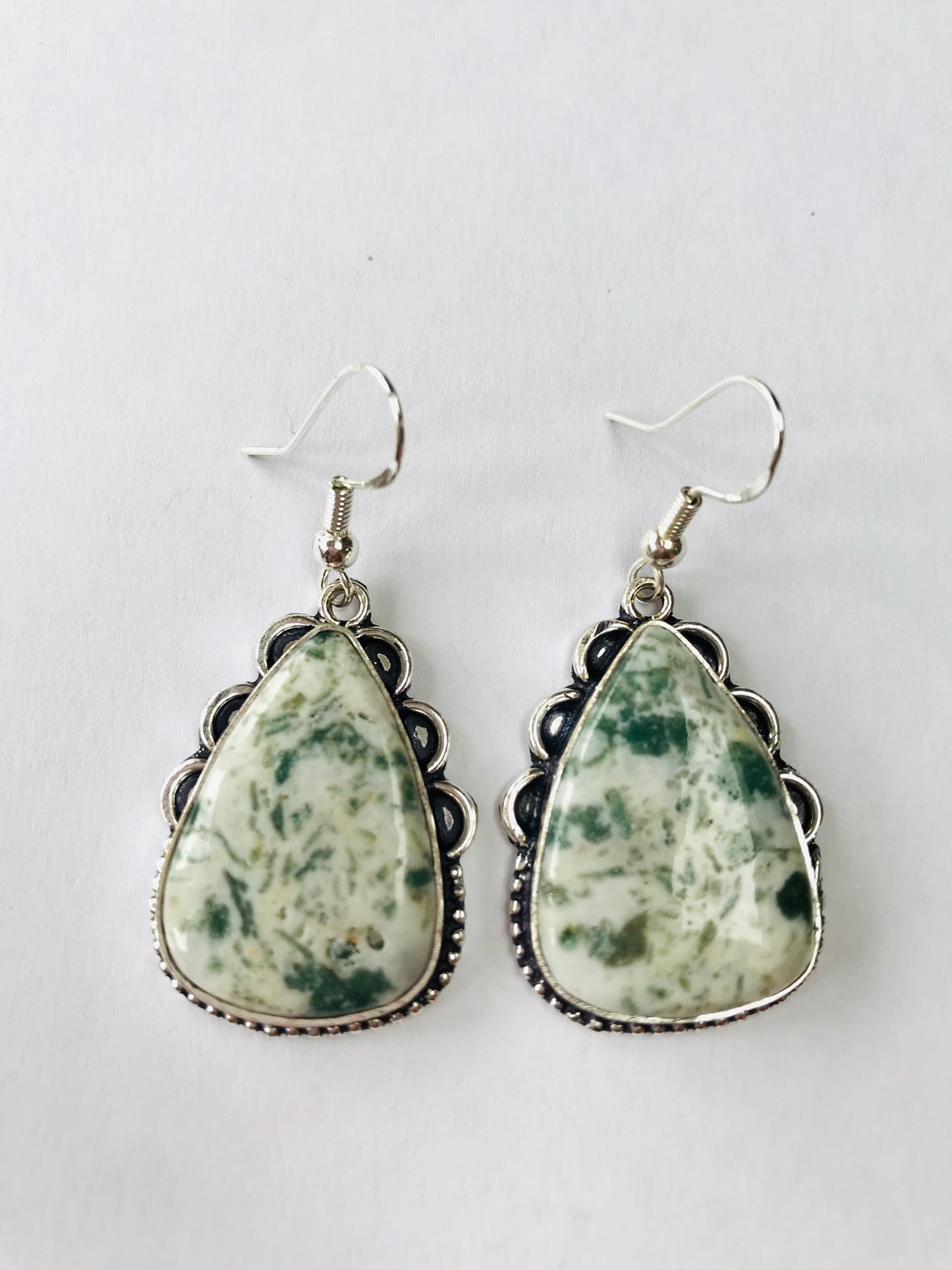 Moss Agate Crystal Gemstone Earrings Green & White - Crystal Boutique