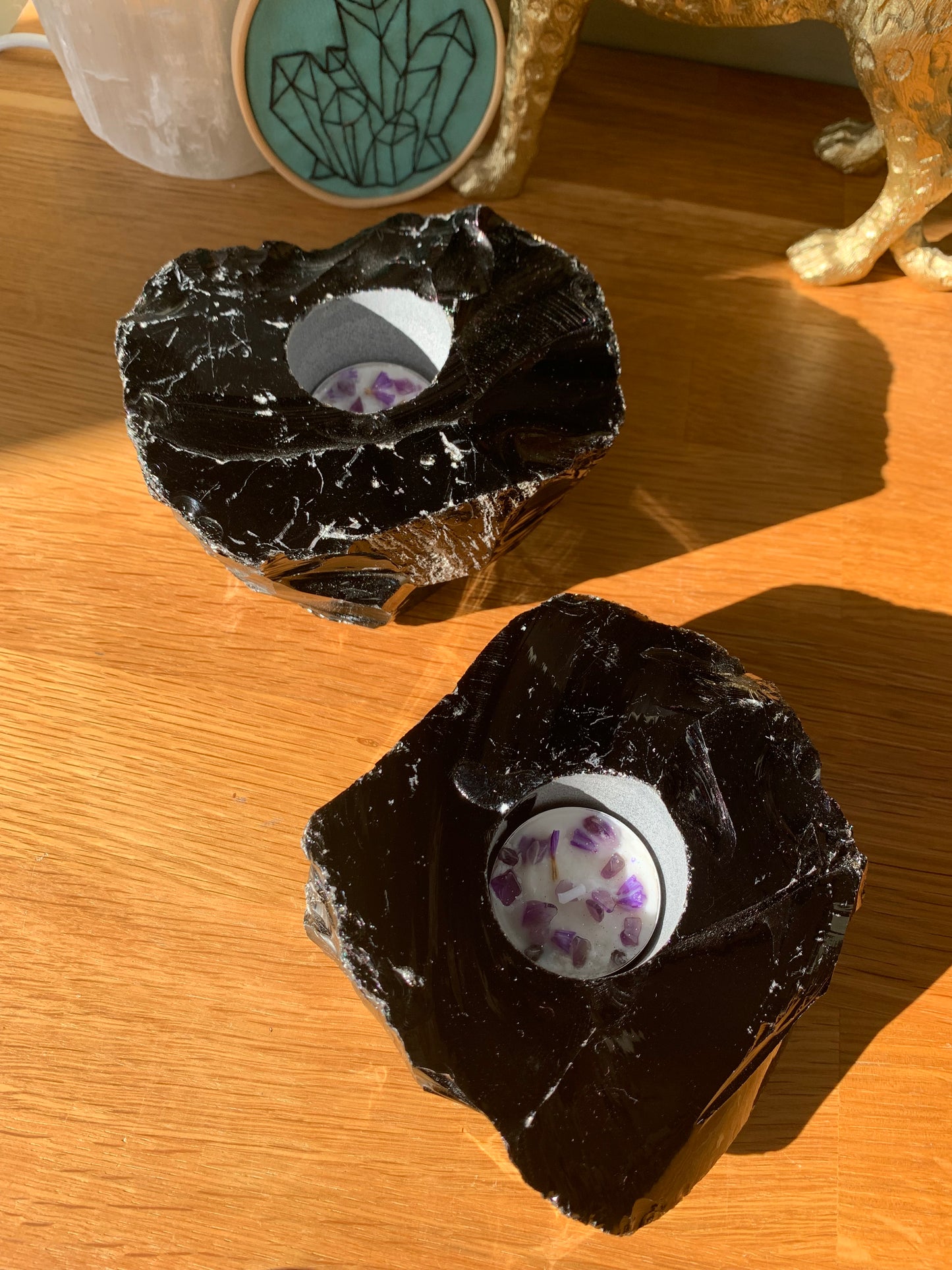 Black Obsidian Rough Crystal Tealight Candle Holder