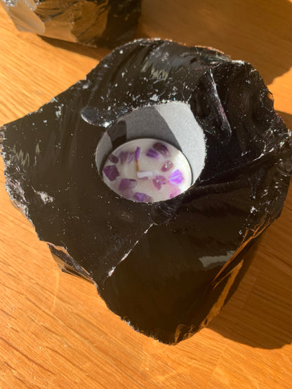 Black Obsidian Rough Crystal Tealight Candle Holder