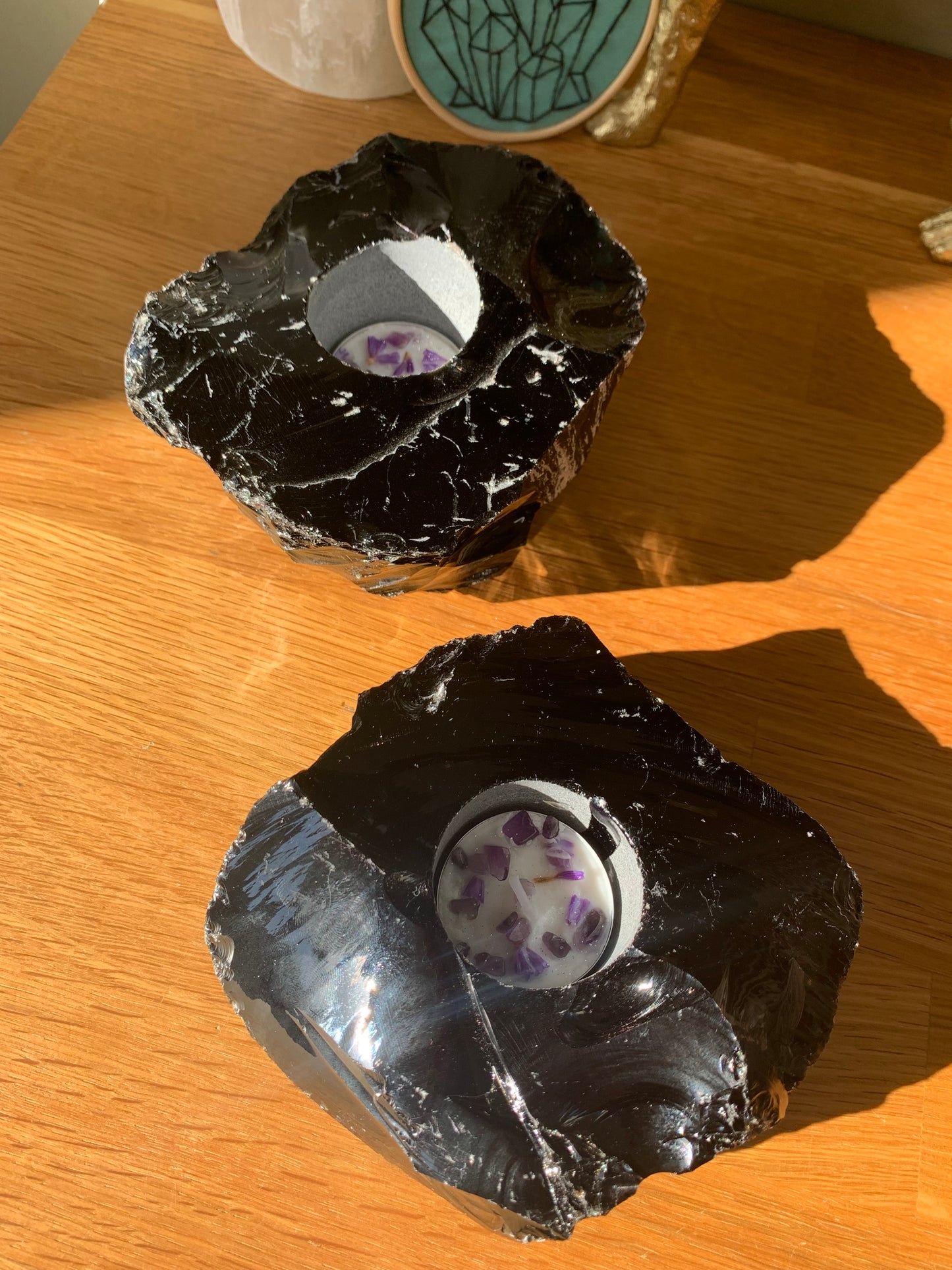 Black Obsidian Rough Crystal Tealight Candle Holder