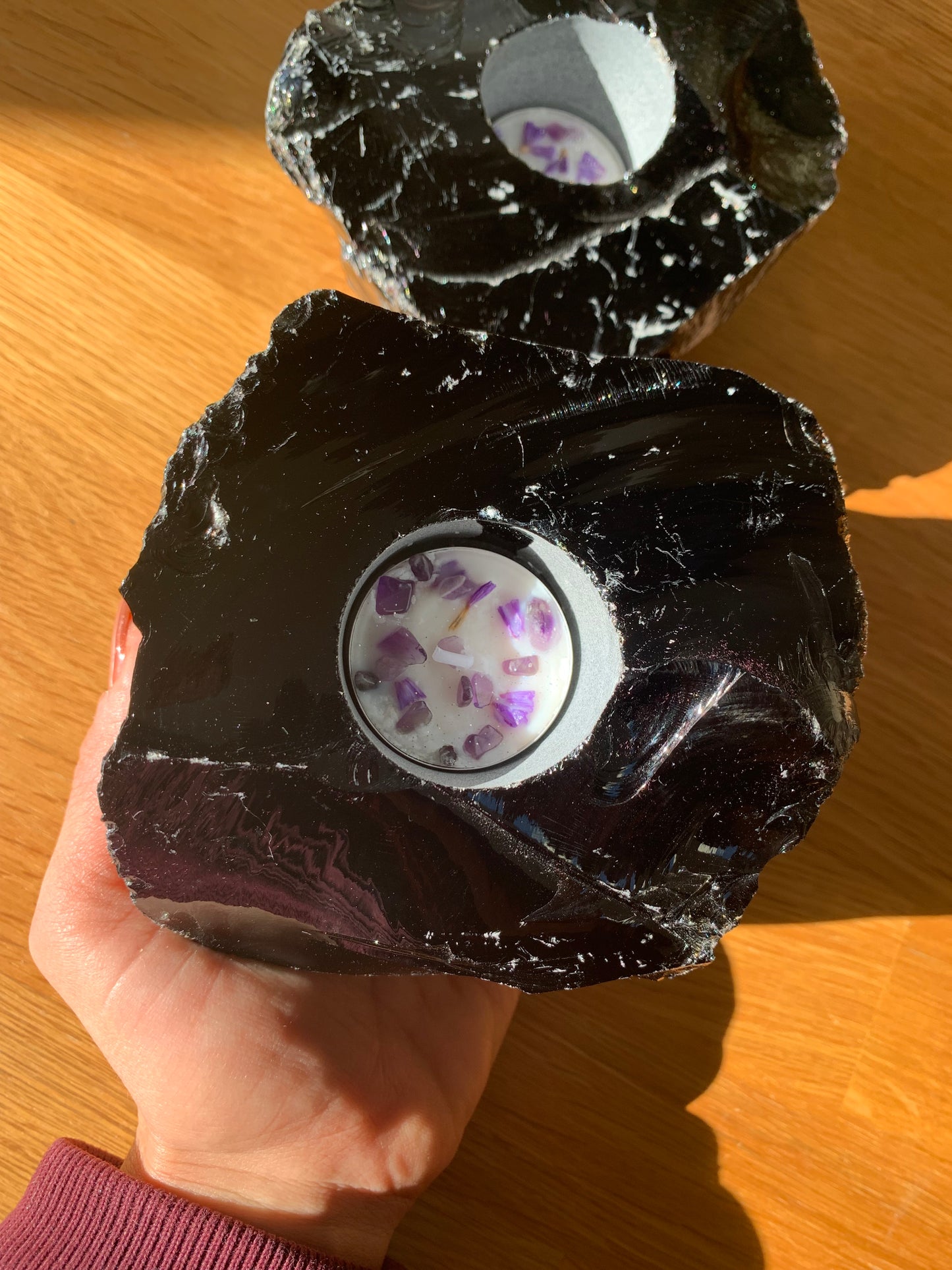 Black Obsidian Rough Crystal Tealight Candle Holder