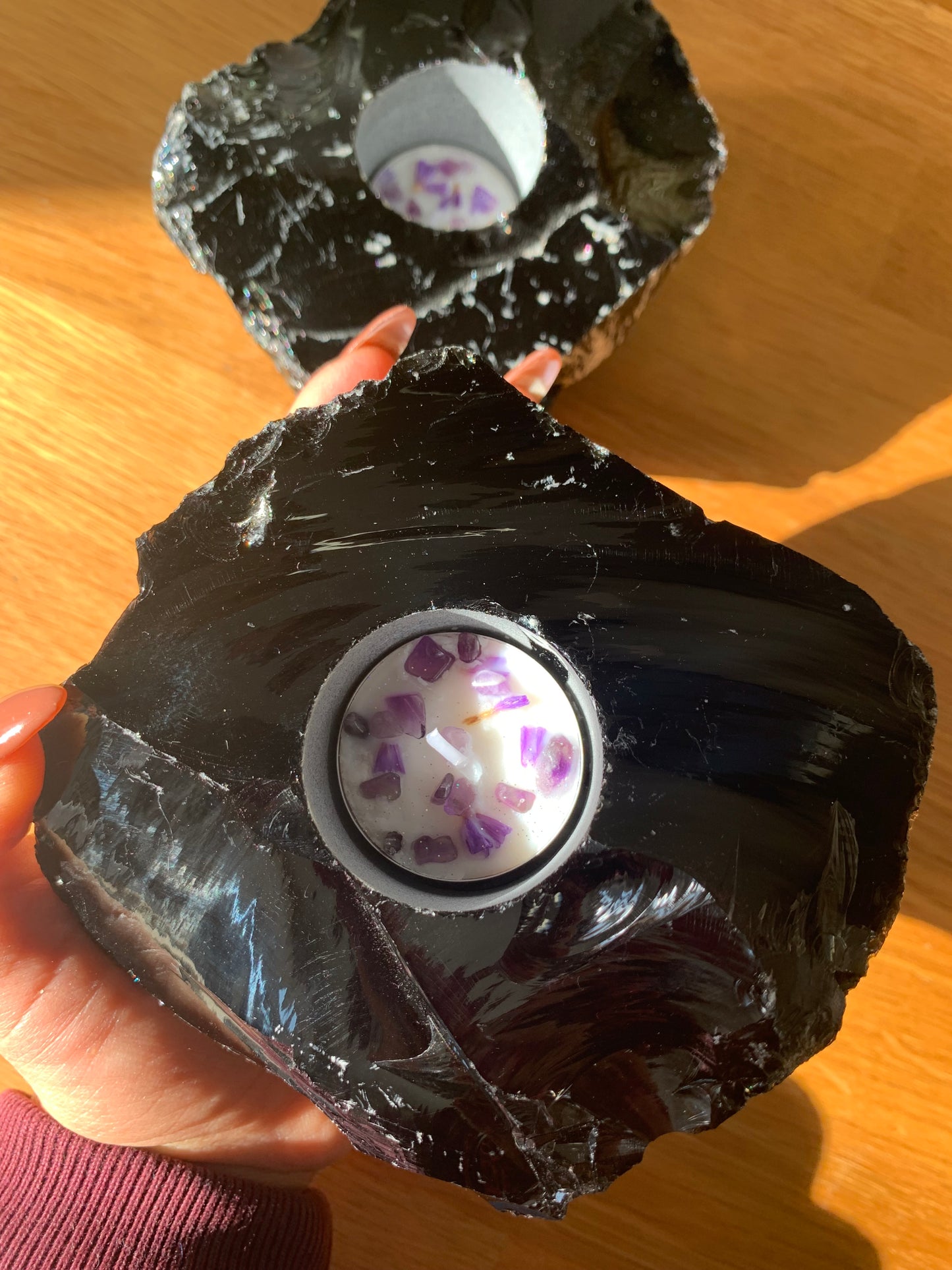 Black Obsidian Rough Crystal Tealight Candle Holder