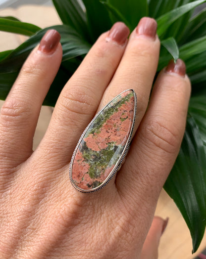 Unakite Jasper Crystal Statement Ring