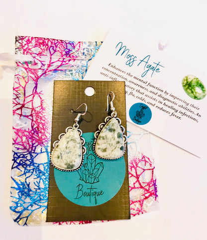 Moss Agate Crystal Gemstone Earrings Green & White - Crystal Boutique.co.uk