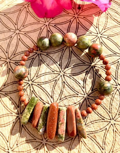 Unakite Jasper & Goldstone Handmade Crystal Healing Bracelet  - Crystalboutique.co.uk
