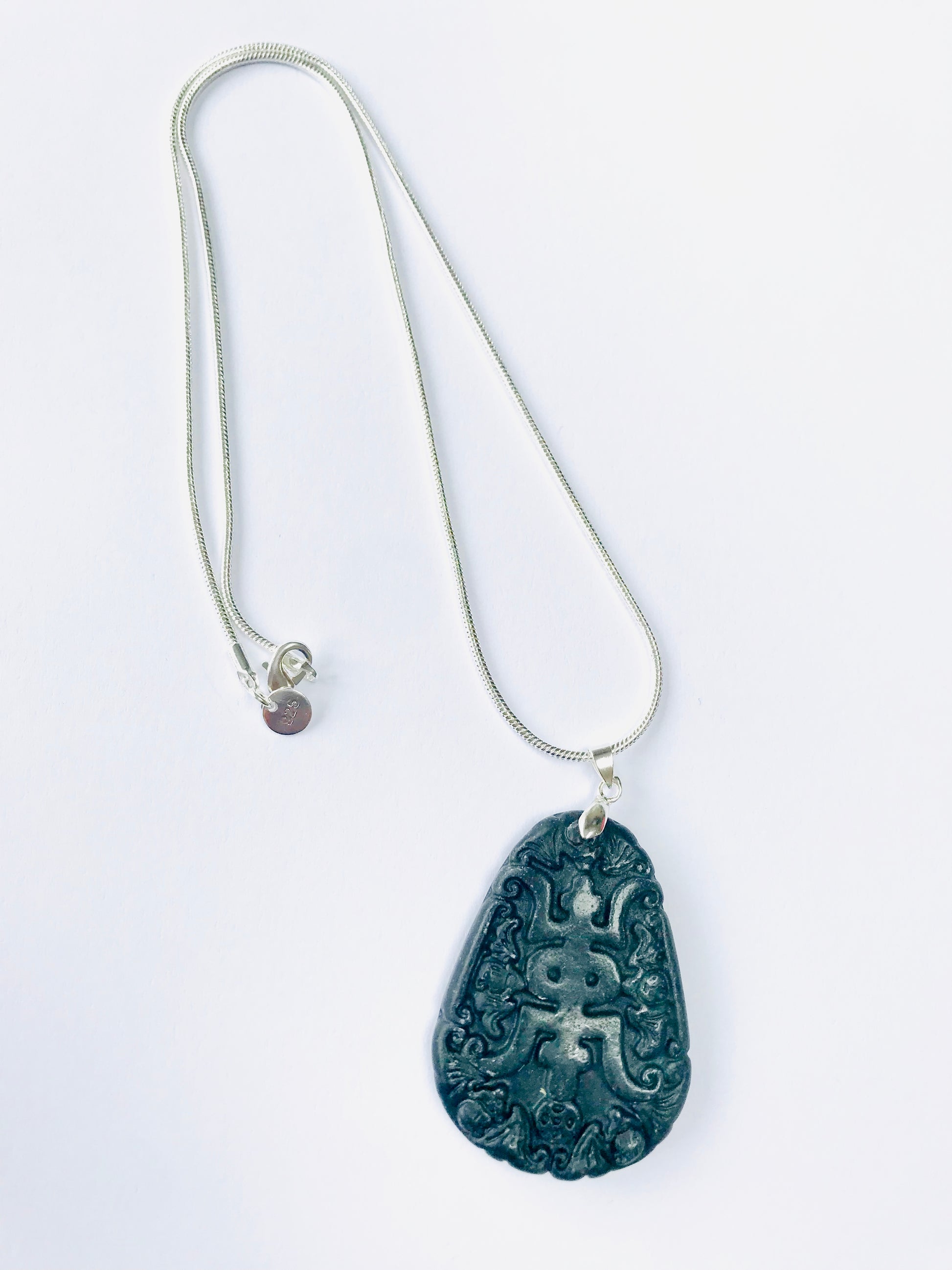 Jade Hand Carved Chinese Liantian Amulet Large Pendants & 925 Sterling Snake Chain Necklace - Crystal Boutique.co.uk