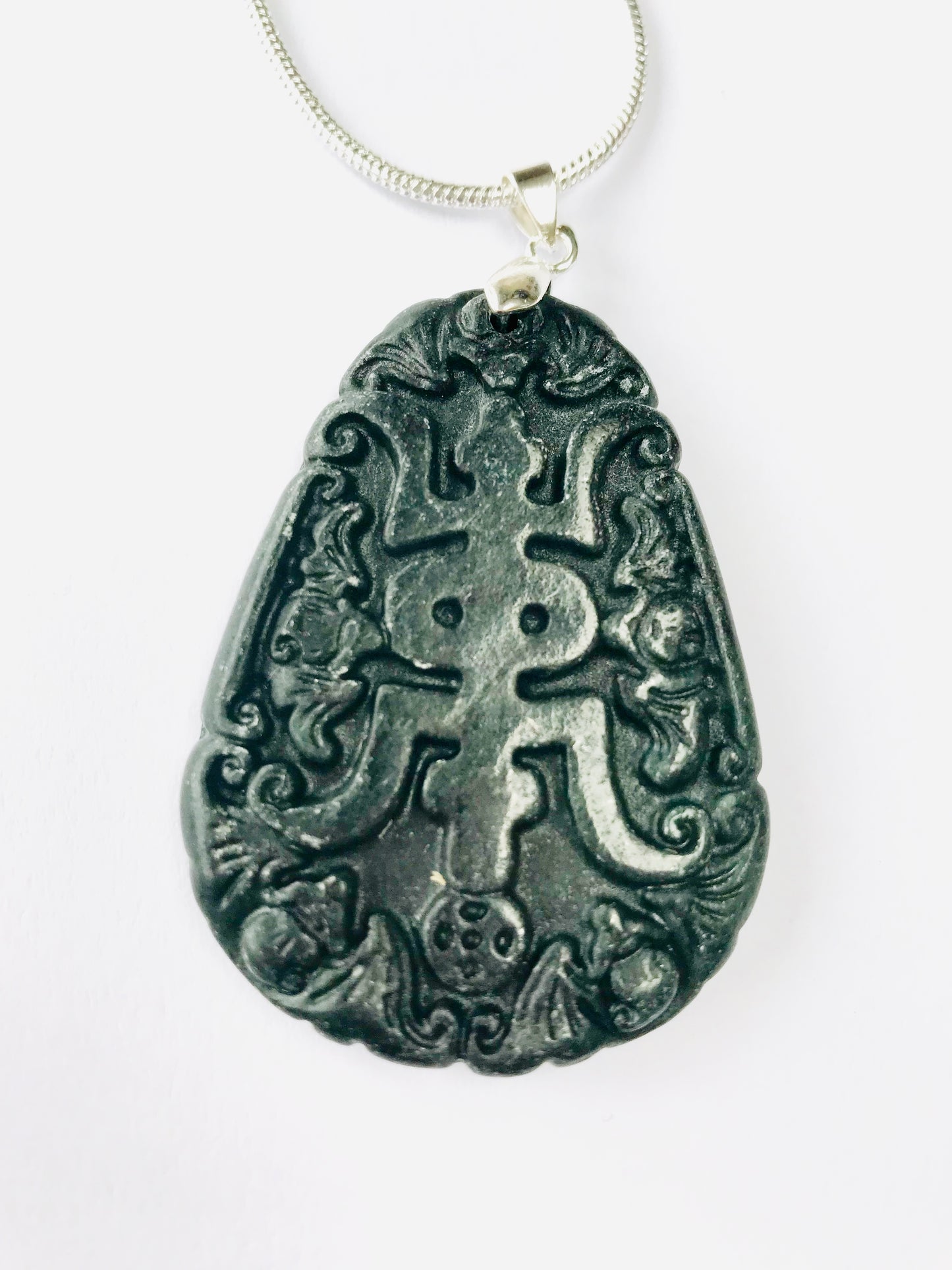 Jade Hand Carved Chinese Liantian Amulet Large Pendants & 925 Sterling Snake Chain Necklace - Crystal Boutique.co.uk