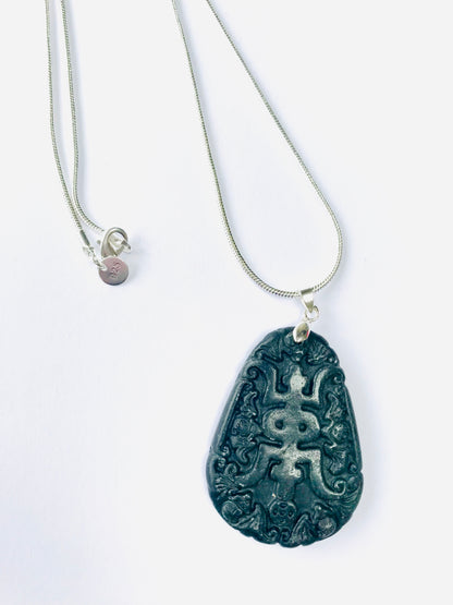 Jade Hand Carved Chinese Liantian Amulet Large Pendants & 925 Sterling Snake Chain Necklace - Crystal Boutique.co.uk