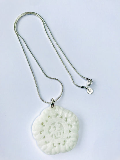 Jade Hand Carved Chinese Liantian Amulet Large Pendants & 925 Sterling Snake Chain Necklace - Crystal Boutique.co.uk