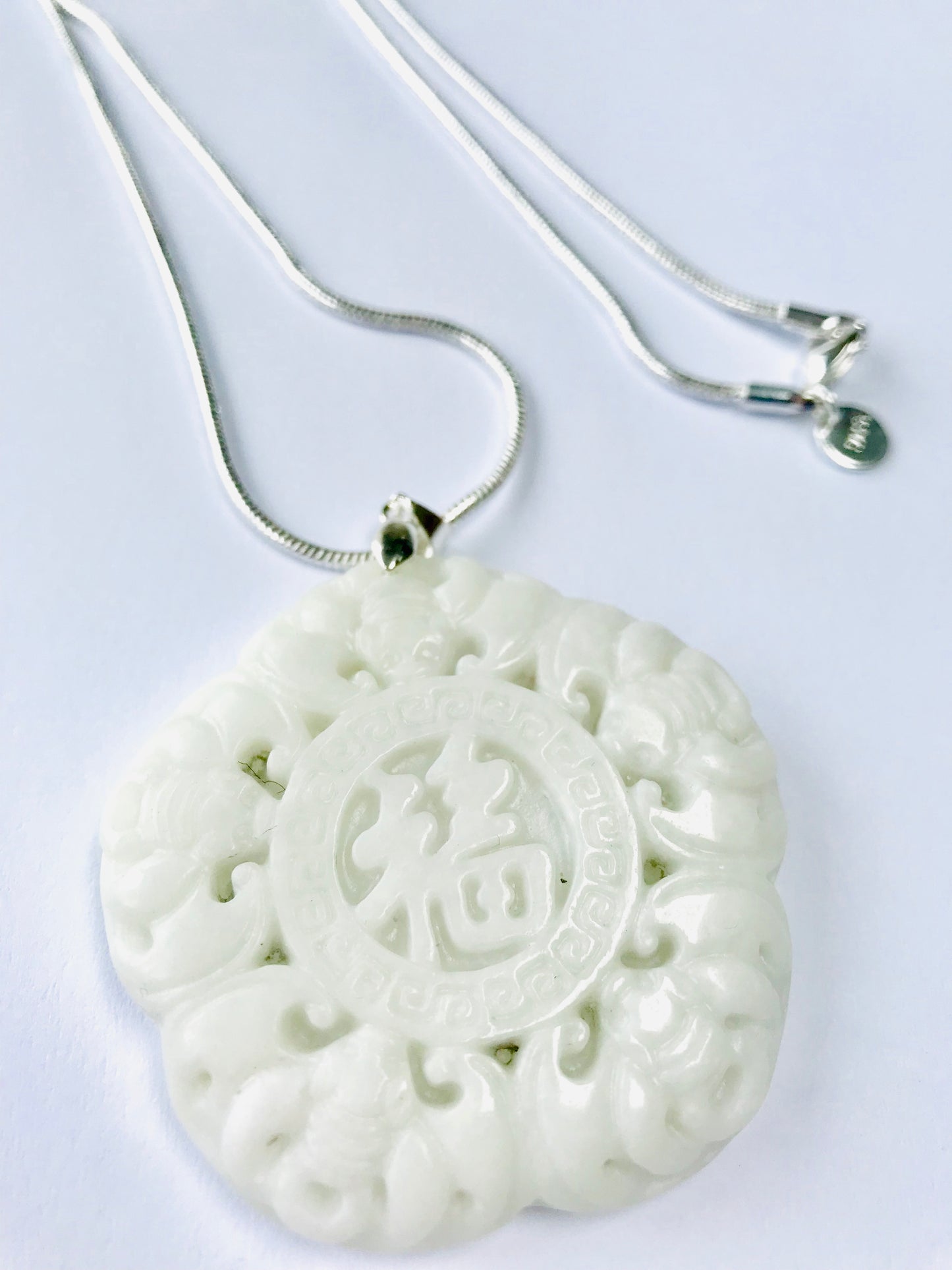 Jade Hand Carved Chinese Liantian Amulet Pendants 925 Snake Chain