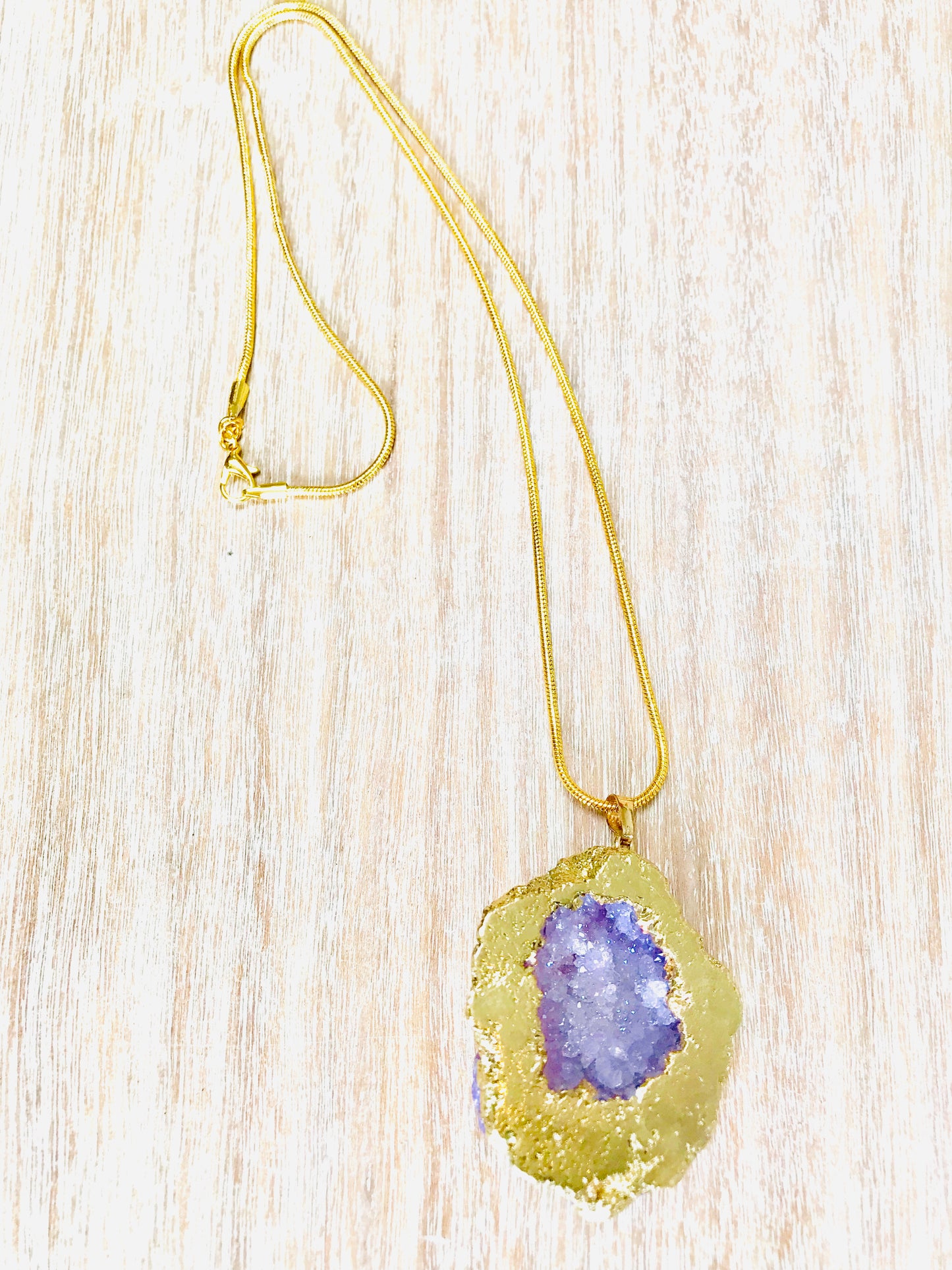 Druzy Crystal Healing Quartz Pendant & Gold Plated Rolo Necklace - Lilac - Crystal Boutique.co.uk 