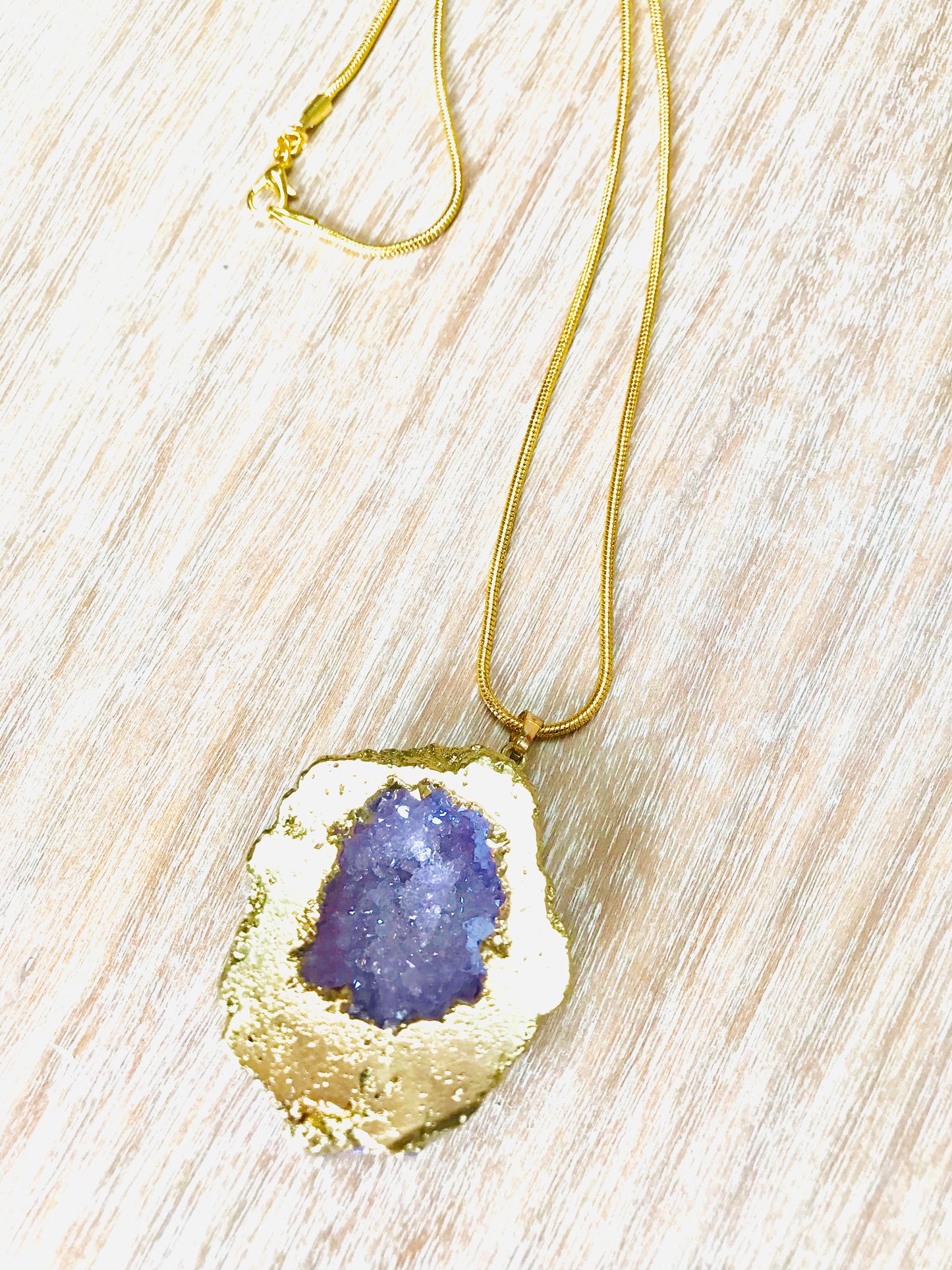 Druzy Crystal Healing Quartz Pendant & Gold Plated Rolo Necklace - Lilac - Crystal Boutique.co.uk 