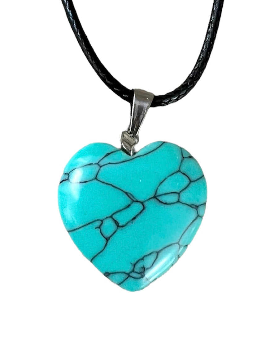 Crystal Gemstone Heart Shaped Pendant Corded Necklace Turquoise Howlite 