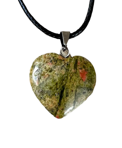 Crystal Gemstone Heart Shaped Pendant Corded Necklace Unakite Jasper 