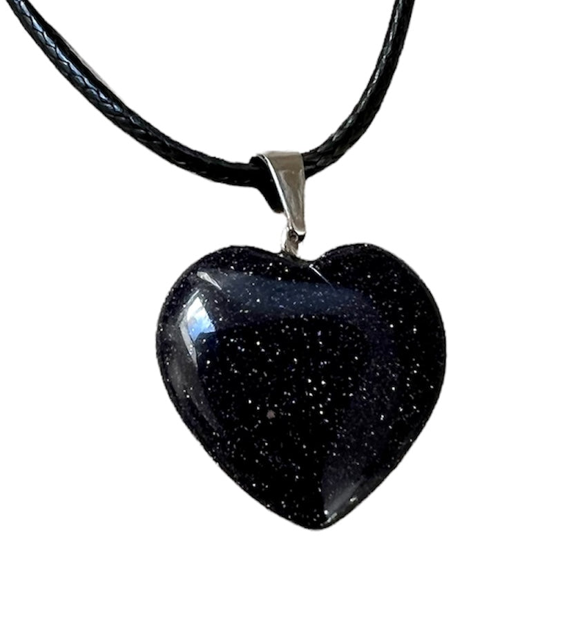 Crystal Gemstone Heart Shaped Pendant Corded Necklace Blue Goldstone 