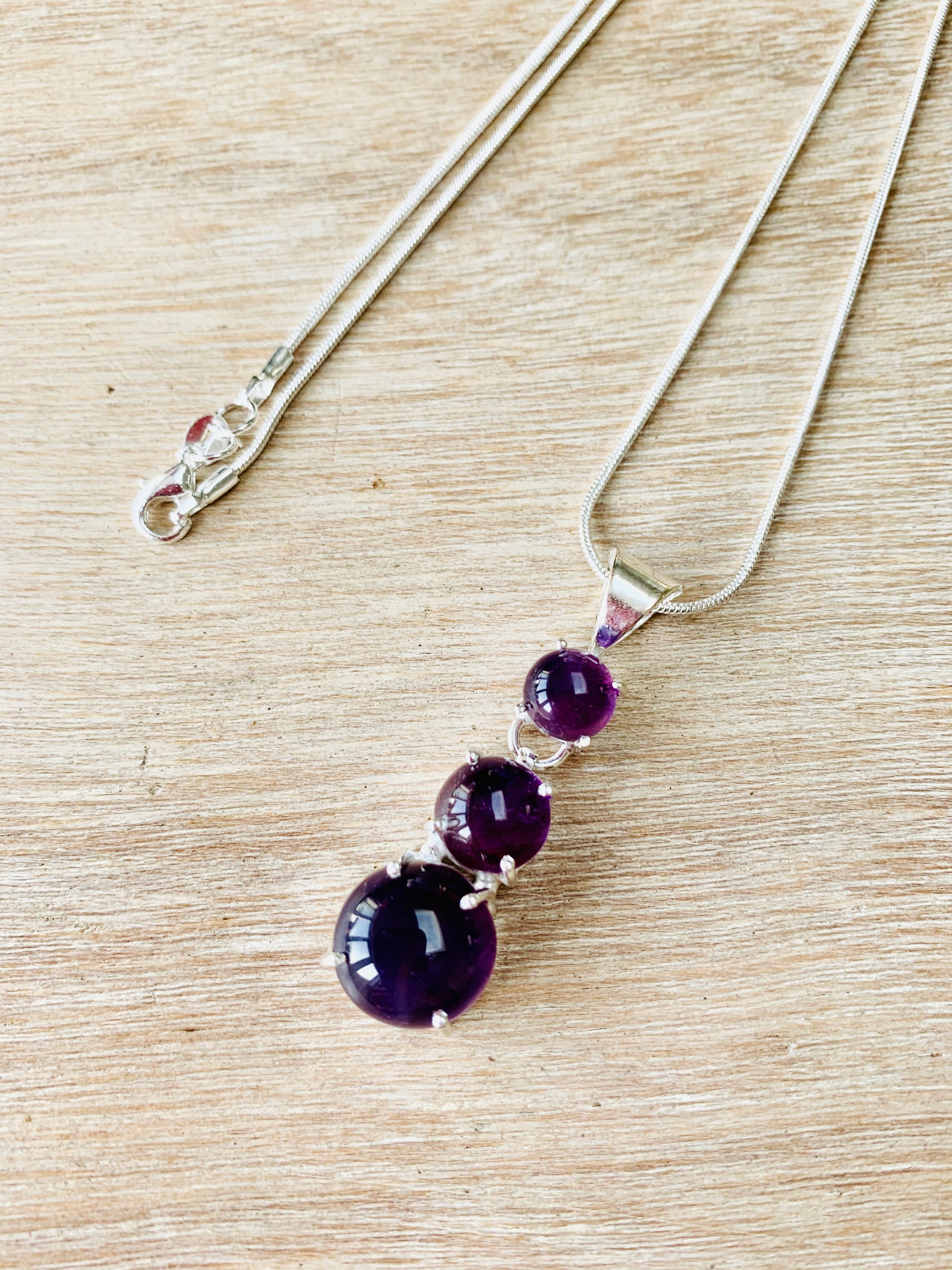 Amethyst 3 Stone Crystal Pendant & 925 Silver Plated Chain - Crystal boutique.co.uk