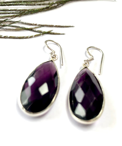 Amethyst Faceted Crystal Teardrop Gemstone Dangle Earrings