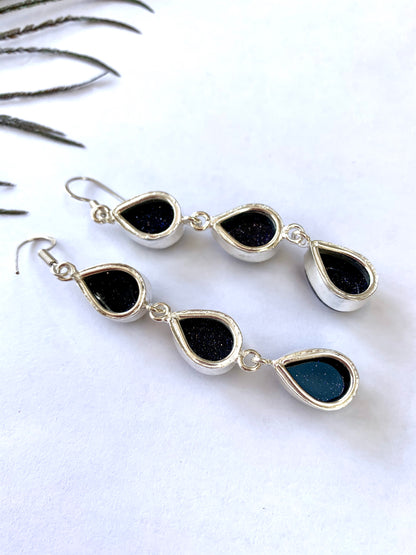 Blue Goldstone 3 Stone Gemstone Dangle Earrings - Crystalboutique.co.uk