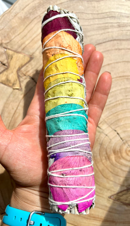 Seven Chakra Rose Petals & White Sage Large Smudge Stick 18cm