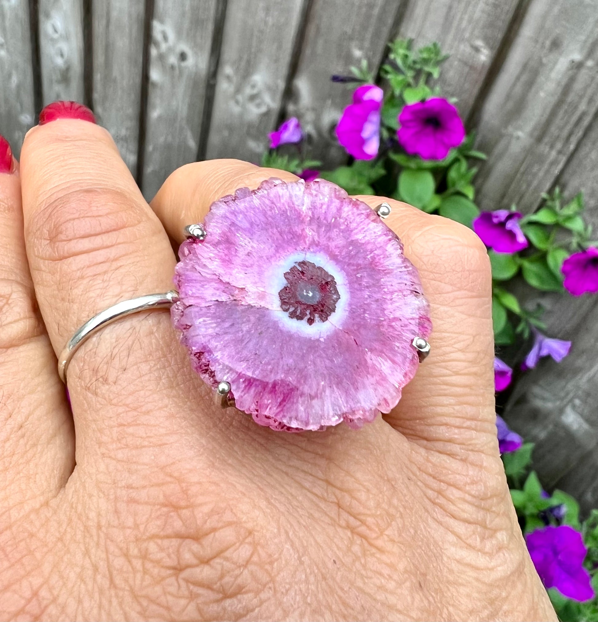 Pink Bulls Eye Solar Quartz Dyed Crystal Ring