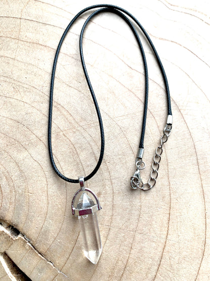 Crystal Point Quartz Gemstone Pendant Black Leather Corded Necklace