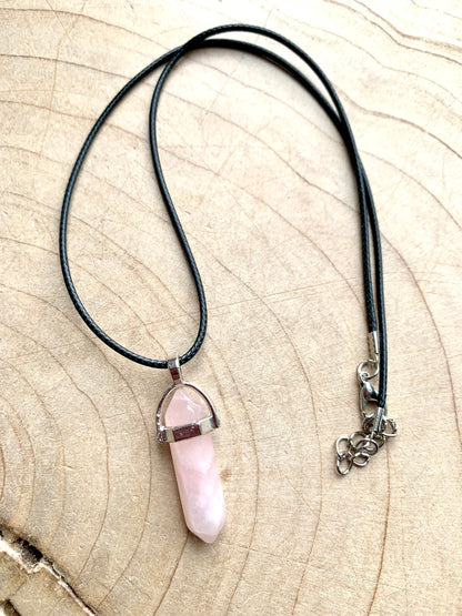 Crystal Point Quartz Gemstone Pendant Black Leather Corded Necklace