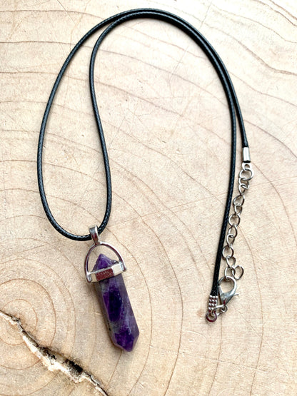 Crystal Point Quartz Gemstone Pendant Black Leather Corded Necklace